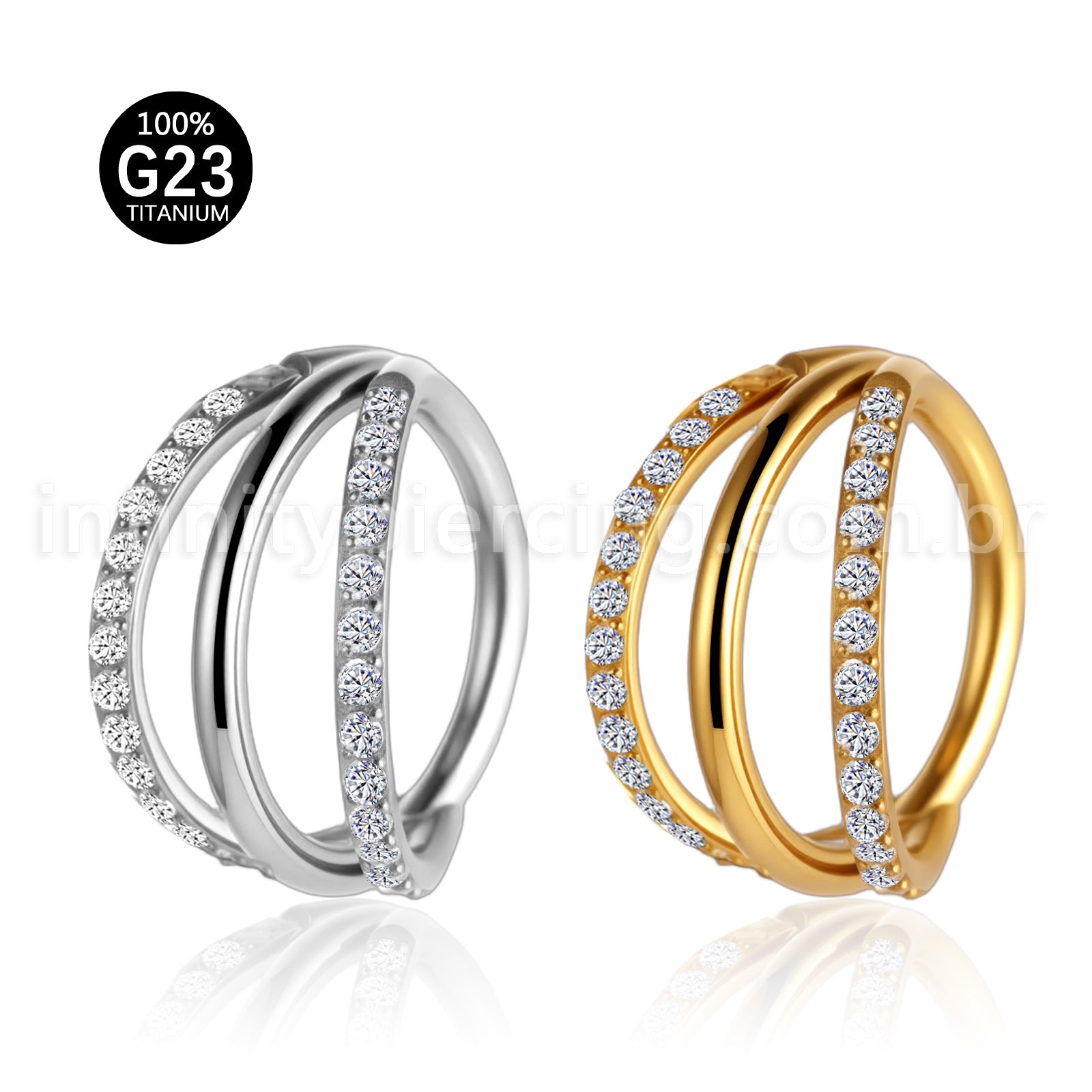 Piercing Argola Três Fileira Titânio Segmento Articulado 2 Fileiras Com Zircônia Cravejada
